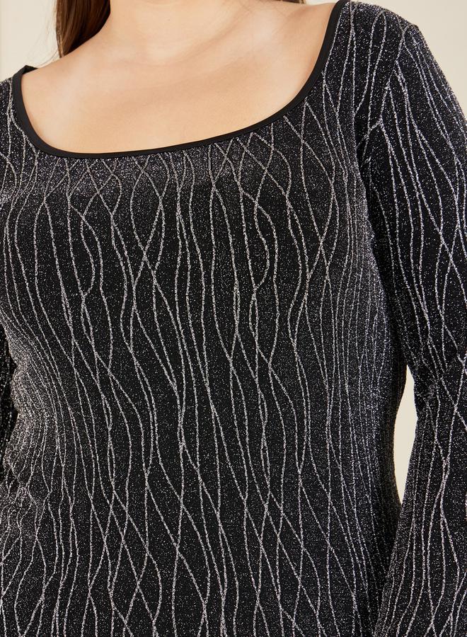 Styli Plus Embellished Abstract Textured Bell Sleeve Fitted Knit Top - Image 4